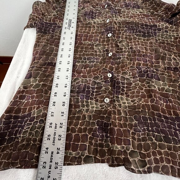 Tess Womens Sheer Snake Skin Print Button-Up Shirt Blouse Large 100% Silk Brown - Picture 6 of 7